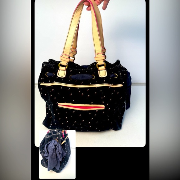 Juicy Couture Handbags - Juicy Couture Y2K Vintage Blue Velvet Polka Dot Bow Top Handle Bag  Preppy CHic